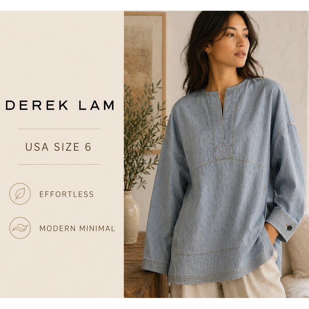 Derek Lam Denim Tunic Women Sz 6 Blue Split Neck Linen Blend Utility Minimalist